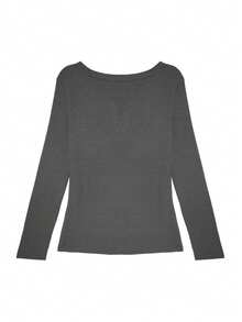 Grey Button V-Neck Versatile Elegant Waist Fitted T-Shirt, Slimming All-Match Top For Women - Grey - View 3