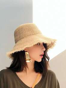 1 chiếc mũ rơm rộng vành kiểu Hàn Quốc dành cho nữ, có tua rua, thoáng khí, thích hợp làm mũ che nắng mùa hè đi biển. - Rơm rạ - Xem 1