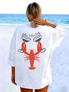 Áo khoác ngoài dài tay dáng rộng thoải mái đa năng dành cho nữ, in hình tôm hùm, thích hợp cho kỳ nghỉ hè, đi biển, mùa xuân. - trắng - Xem 6