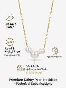 1条14K镀金优雅仿珍珠项链，可调节16+2英寸链条，不褪色且不含铅，女士珠宝 - 白色 - 查看 4