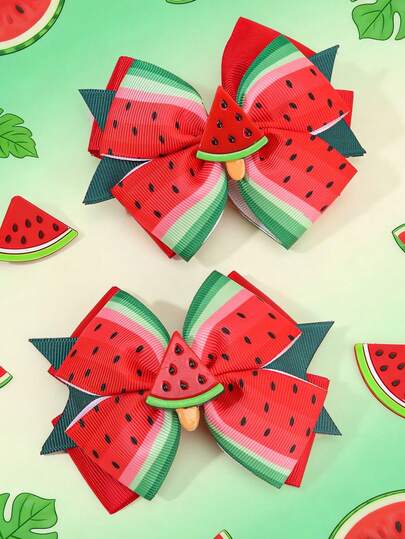 2 piezas Lazos para el cabello con tema de sandía para niñas, clips para el cabello de cinta de grosgrán roja y verde, accesorios para el cabello de verano para niñas pequeñas - pasadores para el cabello para fiesta de cumpleaños, atuendo diario