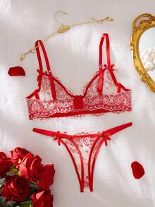 2pcs/Set Women's Sexy Lingerie, Red Lace Floral Bra Set With Adjustable Straps - Red - View 4