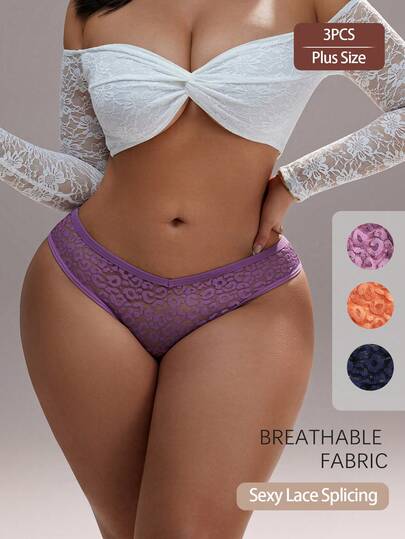 3条装加大码女士性感蕾丝比基尼内裤V腰无缝镂空纯色时尚运动内裤