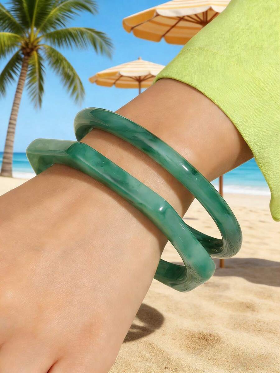 2pcs/Set Boho Style Minimalist Solid Color Polygon & Round Resin Bangle Bracelet Set, Music Festival Party Gift For Women - Green - View 1