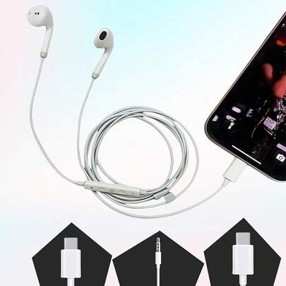 兼容的有线耳机，Type-C电子耳塞，3.5mm圆形插头，USB-C耳塞，带立体声低音的手机/电脑耳机