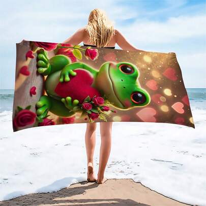 1条心形玫瑰青蛙印花沙滩巾，速干、超强吸水、防沙、大尺寸，适合旅行、游泳、度假，轻便亲肤，可作沙滩披肩/围巾