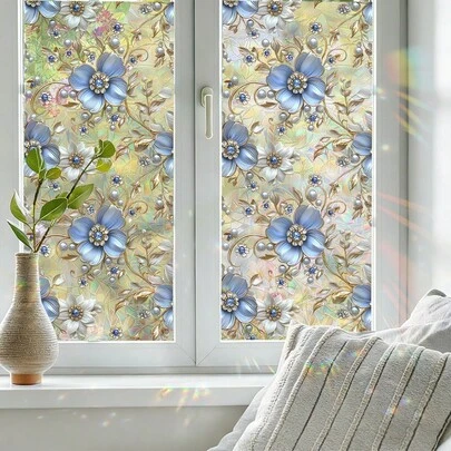 1/3 Stück goldfarbener Weinblumen- und Perlmuster Fensterfolie, wiederverwendbare PVC Regenbogen Prisma Elektrostatik Sichtschutzfolie für Glas, geeignet für Küche, Schlafzimmer, Badezimmer, Wohnzimmer, Büro Dekoration