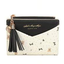New Tassel Pendant Wallet Women, Multi-Card Slots PU Floral Bifold Wallet, Elegant Design - Black - View 3