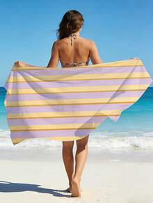 1pc Refreshing Purple & Yellow Striped Beach Towel, Soft Contrast Color Quick-Dry Bath Towel, Portable Beach Wrap For Vacation & Pool Photo Shoot - Multicolor - View 4