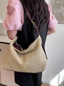 New Woven Beach Bag, Women Simple Shoulder Bag - Black - View 3