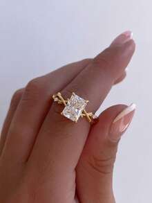 1 pieza Anillo rectangular de lujo de plata de ley 925 de 2 quilates, anillo vintage para fiesta y cumpleaños para mujer, regalo de joyería de moda - Anillo de diamantes baguette dendrita - Ver 2