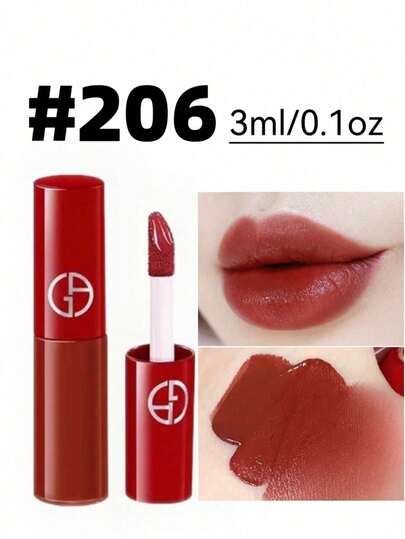 Giorgio Armani #206 Rode Tube Lipgloss - Warme Bruinrode Fluweelzachte Matte Liptint, Langdurige Niet-Uitdrogende Lipvlek, Draagbare Lipmake-up in Reisformaat, Reisformaat - 3 ml/0,1 oz