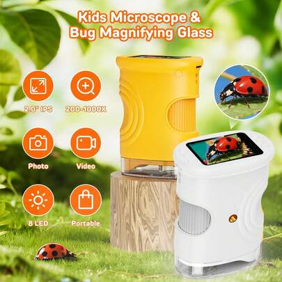 Kids Portable Mini Microscope, Handheld Digital Microscope, With 2.0'' HD Screen – 1000X Magnification, 8 Adjustable LED Lights, Taking Photos And Videos, Educational Microscope For Kids, Educational Science Toy For Boys & Girls, Ideal Birthday