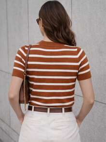 Women's Striped Modal Knit Blouse With Short Sleeves - 2026  - Versatile, Modern, Premium - Striped Caramel - View 2