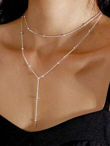 1件装不锈钢双层项链，长款吊坠项链，Y形链配圆形球形吊坠，双链项链，女士日常佩戴，金色球形吊坠，休闲优雅，身体链，项链 - Y型項鍊 - 查看 4