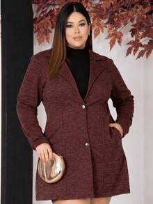 Women's Plus Size Curve Long Ribbed Knit Jacket With Pockets - Elegant Blazer - Autumn Fashion - Rỉ Nâu - Xem 1