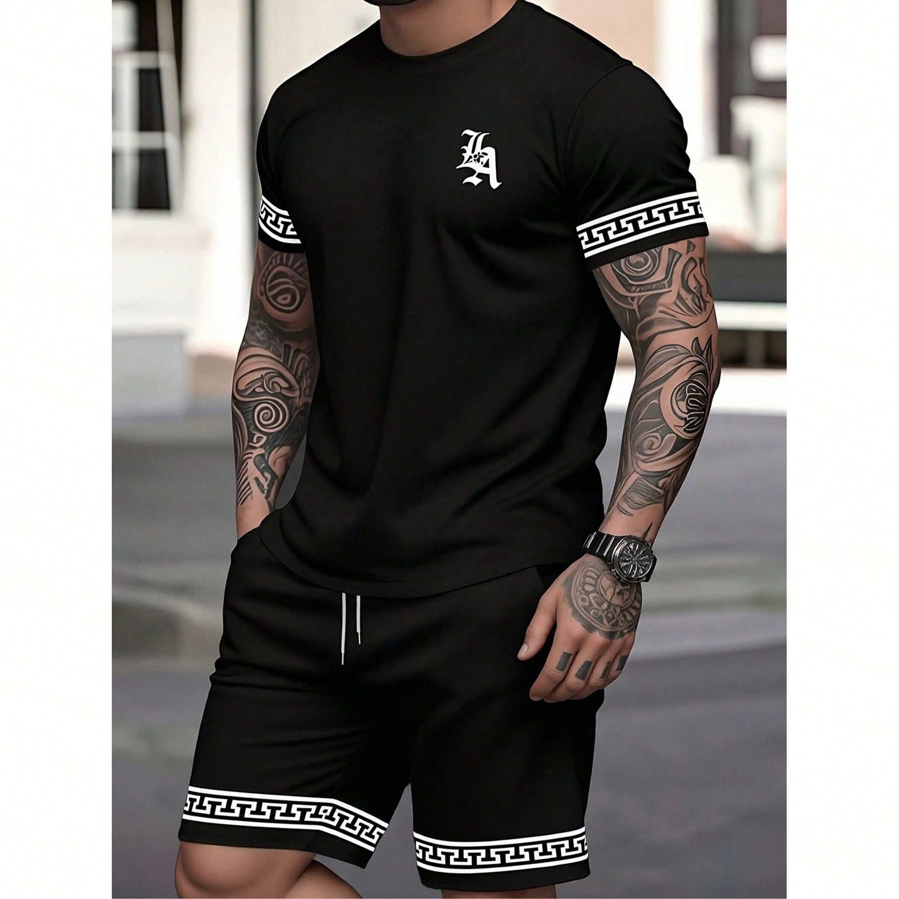 Conjunto de camiseta de manga corta y pantalones cortos de hombre, de verano, casual, de moda, fino, cuello redondo, estampado, holgado y de secado r?