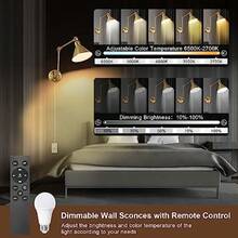 TRLIFE - Aplique de pared con control remoto latón cepillado apliques de pared regulables y ajustables de temperatura de color de 2700 K-6000 K luces de pared con brazo oscilante con cable enchufable certificación UL 2 unidades 2 bombillas - Oro - Ver 2