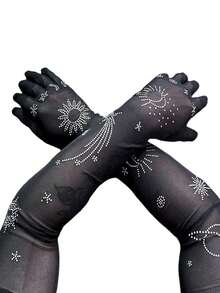 1 đôi găng tay ren đen đính đá gợi cảm, găng tay dài xuyên thấu bằng lưới siêu mỏng đính đá hình xương người màu đen dùng trong cosplay. - Nhiều màu - Xem 5