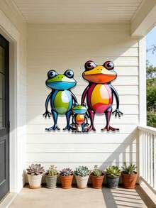 1 pièce Décoration murale en métal de famille de grenouilles 2D colorée - Style bohème imaginatif, décoration de grenouille vintage, convient pour la chambre d'enfant, le salon, le balcon, la boutique de fleurs, le zoo et le jardin, la décoration de la maison, la décoration du jardin, la décoration murale, cadeau idéal pour les amateurs de grenouilles et les familles - Famille de grenouilles colorées - Voir 4