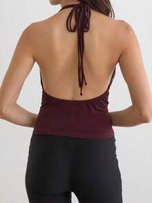 Women Studded Halter Top Sleeveless Open Back V Neck Slim Fit Tank Top Y2k Going Out Tops Club Party Outfits - 酒紅色 - 查看 3