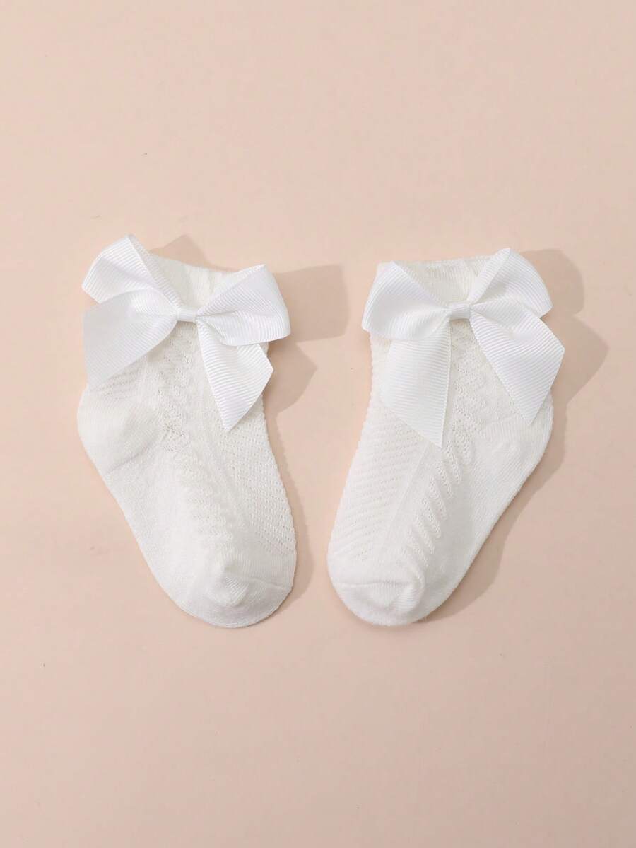 1 Pair White Bow Mesh Baby Girl Socks, Suitable For Spring And Summer - White - View 1