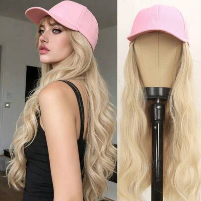 26 Inch Golden Long Curly Wig With Pink Integrated Baseball Cap, Heat Resistant, Suitable For Daily Wear