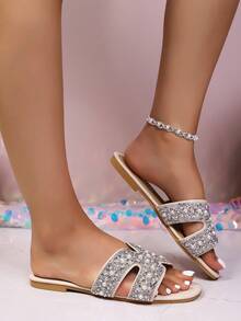 2026夏季女士H型水钻平底凉拖鞋，闪亮珍珠露趾拖鞋，沙滩度假休闲户外鞋 - 米色 - 查看 5