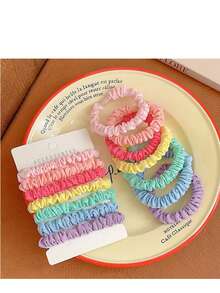 7pcs Rainbow Colorful Scrunchies, Sweet Candy Color Scrunchies, Minimalist High Elastic Hair Ties, Essential, Hair Accessories - Multicolor - View 7