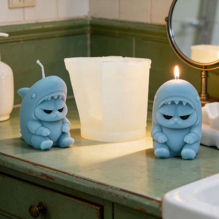 1个戴鲨鱼帽的猫咪硅胶蜡烛模具，适用于艺术装饰树脂环氧树脂浇铸聚合物粘土模具，温馨家居装饰 | 送给爱猫人士的情人节礼物 - 貓 - 查看 6