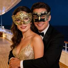 Masquerade Ball Mask, Venetian Lace Eye Mask For Women, Christmas & Halloween Party Costume Mask Set, Couple Cosplay Mask - Gold - View 2