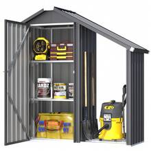 YODOLLA Gartenschrank mit Regalen und seitlich offenen Wandregalen aus Holz, hoher, vertikaler, wetterfester Geräteschuppen mit Spitzdach, wetterfeste Aufbewahrungsmöglichkeit für Terrasse und Garten, Grau - Dunkelgrau - Übersicht 10