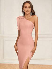 One-Shoulder Ruffle Slit Tight Bandage Bodycon Dress, Suitable For Cocktail Party Wedding Spring - Pink - View 1