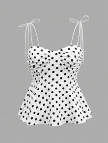 一件女士休闲无袖荷叶边下摆上衣，优雅法式简约纯白色吊带短款背心，修身剪裁，适合度假和通勤，轻盈系带吊带衫，Y2K性感紧身曲线上衣，适合春、夏、秋季穿着。 - 彩色 - 查看 4