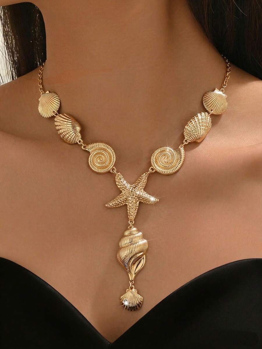 1pc Fashionable Exaggerated Gold Starfish & Shell Y-Shaped Necklace, Metal Coastal Style Women's Necklace Suitable For Beach, Party, Versatile - Gold - View 1