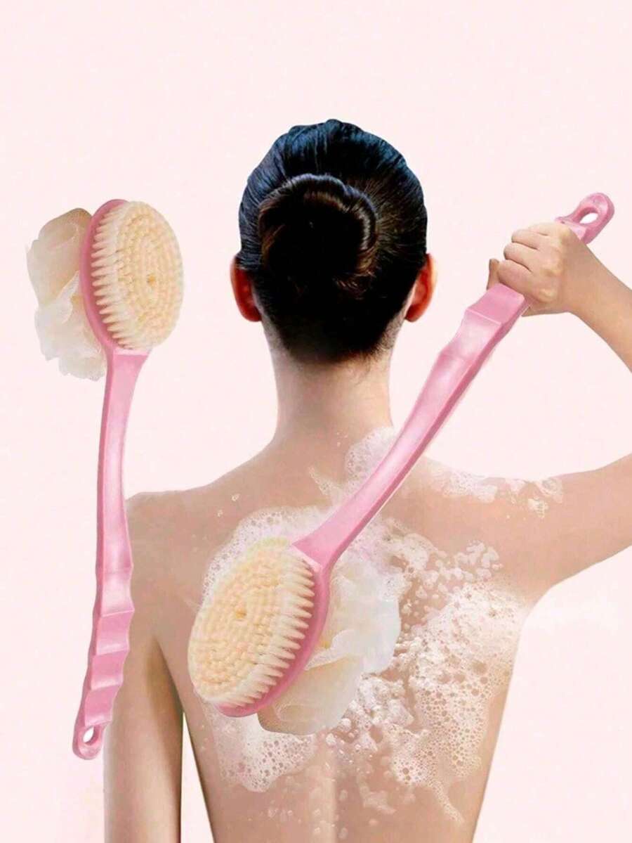 Bộ 2 bàn chải tắm cán dài màu hồng, đa chức năng dùng để tẩy tế bào chết và vệ sinh phòng tắm.