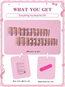 SANRIO 24片中号方形粉色法式美甲贴片，带有可爱旋律、装饰、水钻和爱心设计，粉色少女风格，完美贴合的亚克力假指甲套装，包含1瓶果冻胶和1把指甲锉，适合女孩日常生活、派对和聚会使用的美甲用品。 - 彩色 - 查看 4