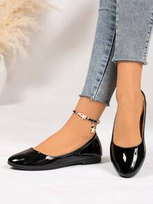 Giày nữ mũi nhọn bằng da bóng màu đen, giày lười đế thấp thoải mái, thích hợp đi làm hàng ngày. - màu đen - Xem 2