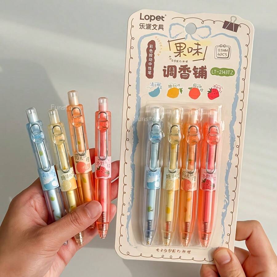 4pcs Fruit Scented Ballpoint Pens, 0.5mm Colorful Quick-Drying Neutral Pens, Fashionable Minimalist Transparent Stationery Pens For Journaling & Drawing