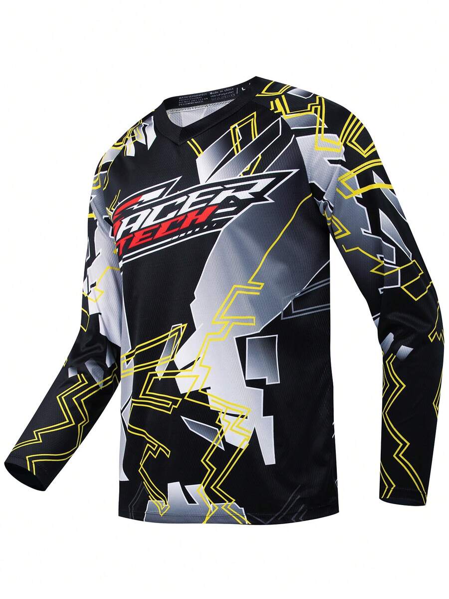 TELEYI Men's Geometric Lightning Racer Letter Print Long Sleeve MTB Motocross Jersey Quick Dry Mesh Downhill Off-Road Bike Racing Athletic Top Sports Black - Black - View 1
