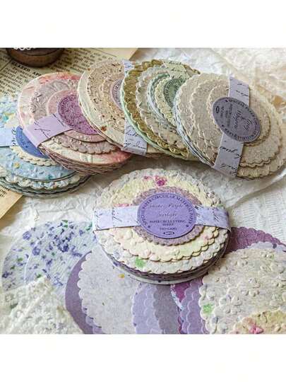 50pcs/Pack Retro Style Round Shaped Personality Scrapbooking Paper, Vintage Aesthetic Handmade DIY Supplies For Journaling, Phone Stickers, Stationery, Colors, Learning Supplies