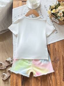Young Girl' Fashionable Casual Cute Set, Floral Tee + Multi-Color Fringe Denim Shorts - White - View 2