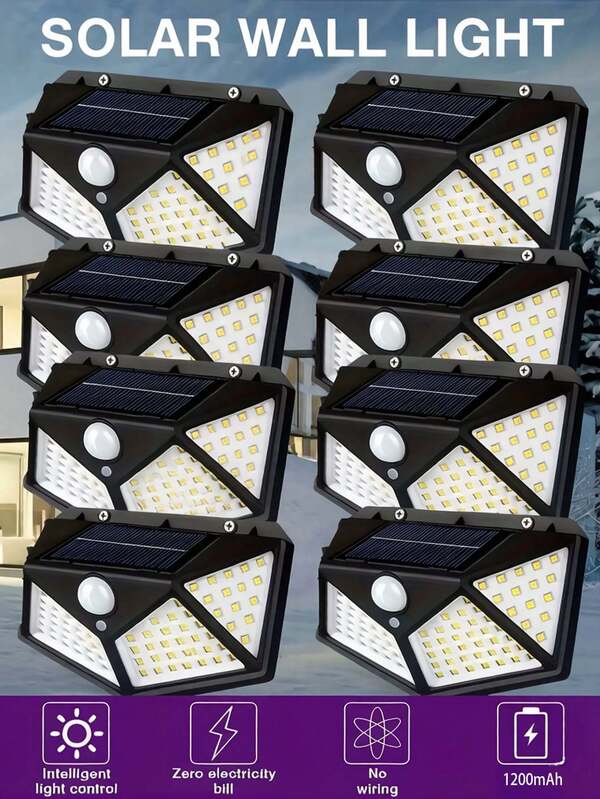 1/4/8pcs 100LED Solar Outdoor Wall Lights With Motion Sensor/Smart Light Control, 3 Brightness Modes, IP44 Waterproof, 1200mAh Outdoor Solar Lights For Pathway, Patio, Yard, Garden, Garage, Street Lighting, Holiday Decoration