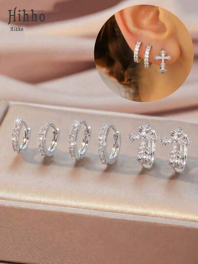 Hihho 6pcs Set Luxury Cross Zirconia Stud Earrings, Carved Cross Textured 3D Intricate Design Paired With Classic Hoop, Full Diamond Symbolizing Brilliance & Confidence, Cross Represents Protection & Strength, Suitable For Multiple Ear Piercings & Interchangeable Wear