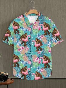 Pattern Shows A Cheerful Tropical Jungle Where Playful Gorillas Hold Bright Pink Flamingos Among  Leaves And Vivid Flowers 3D Printed Men's Short Sleeve Hawaiian Shirt Casual Button Up Beachwear - 白色 - 查看 1