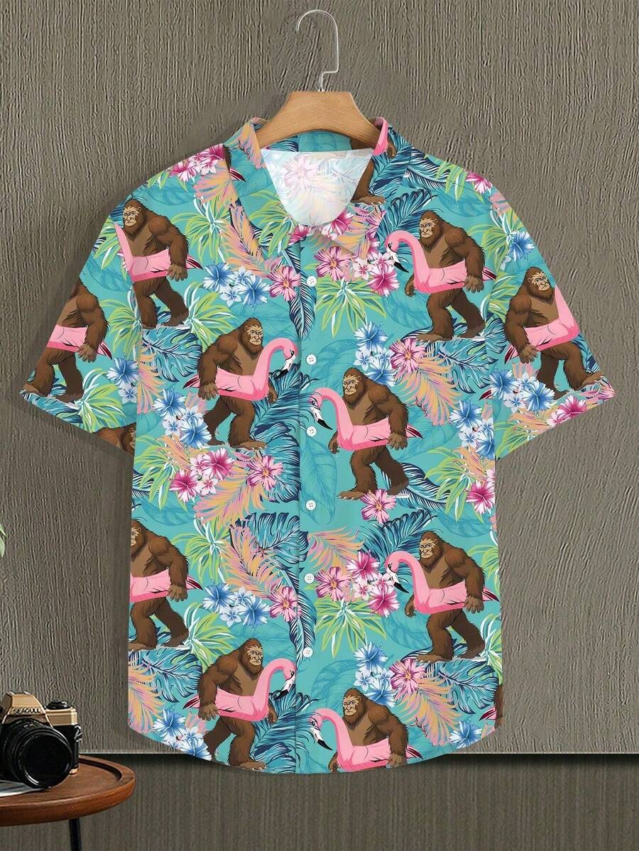 Pattern Shows A Cheerful Tropical Jungle Where Playful Gorillas Hold Bright Pink Flamingos Among Leaves And Vivid Flowers 3D Printed Men's Short Sleeve Hawaiian Shirt Casual Button Up Beachwear - 白色 - 查看 1