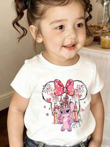 Disney Licensed - Stitch & Angel Character Design. A Casual, Minimalist Two-Piece Set Featuring A Short-Sleeve, Crew-Neck T-Shirt And Shorts. Perfect For Summer Wear-An Absolute Essential For Your Outdoor Summer Outings. - trắng - Xem 1
