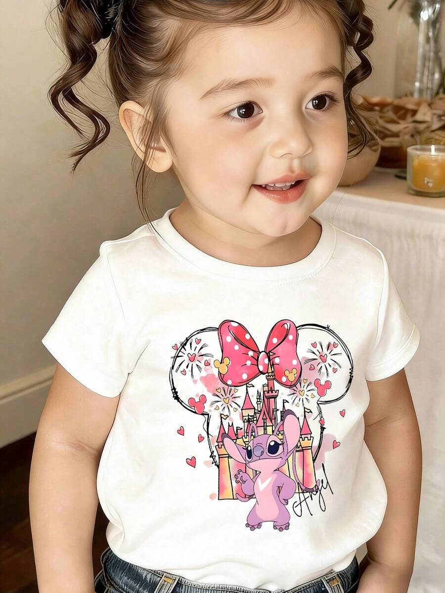 Disney Licensed - Stitch & Angel Character Design. A Casual, Minimalist Two-Piece Set Featuring A Short-Sleeve, Crew-Neck T-Shirt And Shorts. Perfect For Summer Wear-An Absolute Essential For Your Outdoor Summer Outings. - trắng - Xem 1