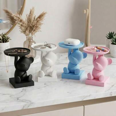 Polar Bear Jewelry Tray Organizer, Cute Bear Key Holder Dish For Entryway Table, Desktop Catchall Tray For Rings, Earrings, Coins & Small Accessories, Black White Blue Pink