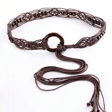 Spring And Summer Fashion Multi-Color Bohemian Style Wax Rope Handmade Wooden Circle Braided Hollow Belt With Dress Belt - Coffee - View 2